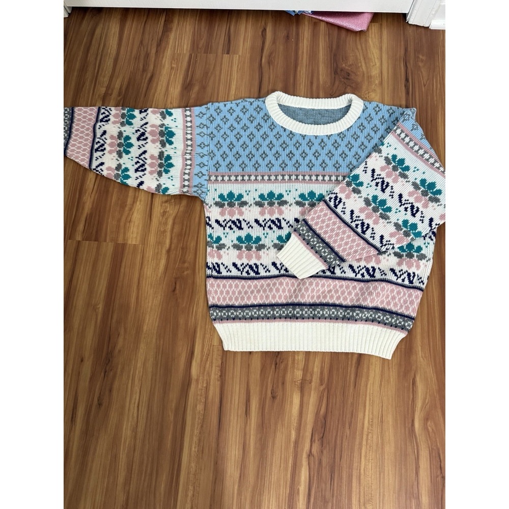 Blue & Pink Floral Cottagecore Chunky Knit Sweater Women's Size Medium